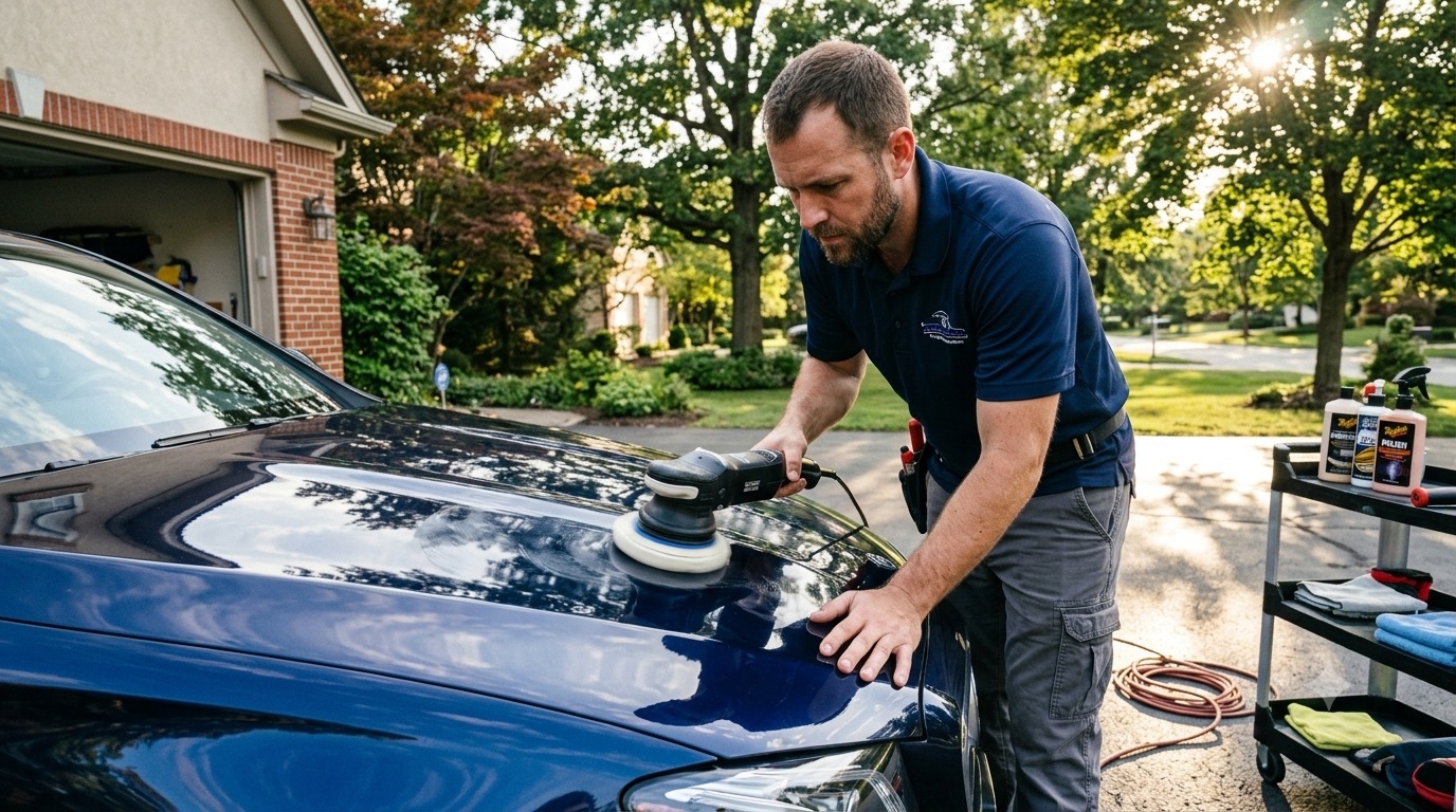 A detailer mid-job, hands on the paint, buffer running, real light
